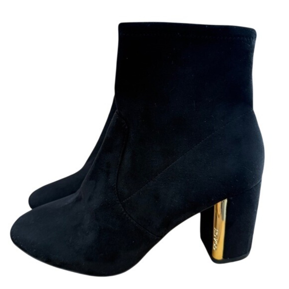 Coach Suede Sock Ankle Boot Women 9 Gold Logo Block Heel Luxe Chic Romantic Noir - Picture 4 of 14